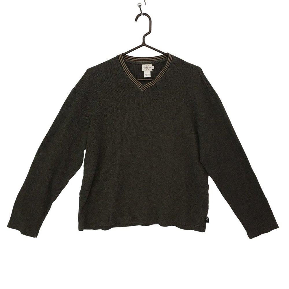 Calvin Klein Jeans Mens V-Neck Pullover Brown Black Cotton Sweater L